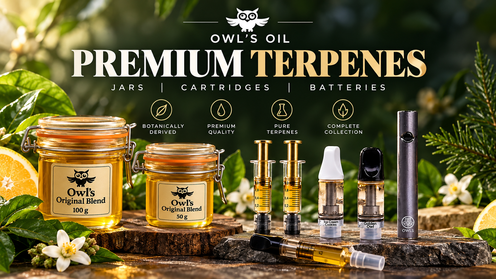 Owls Oil. Terpenes, empty cartridges, and adjustable batteries, shown with citrus, blossom, and pine.