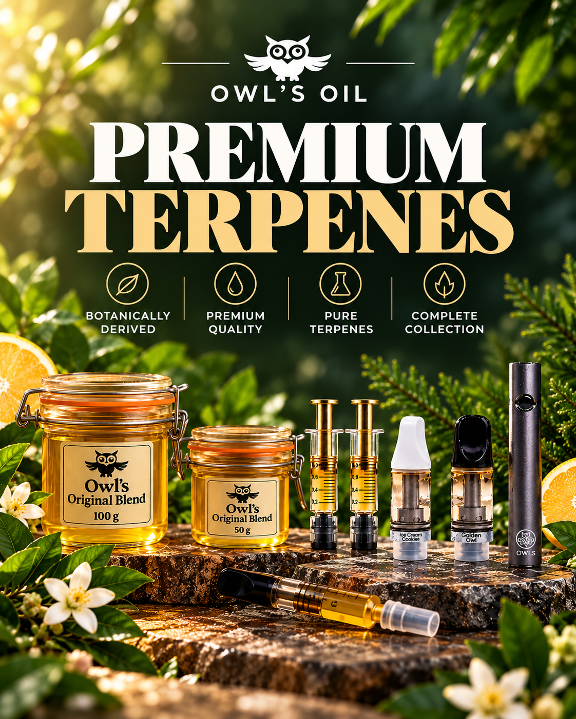 Owls Oil. Terpenes, empty cartridges, and adjustable batteries, shown with citrus, blossom, and pine.